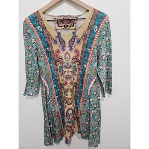 Amma Made in LA Womens Small Boho Paisley Floral Knit Tunic Top 3/4 Sleeve Multi